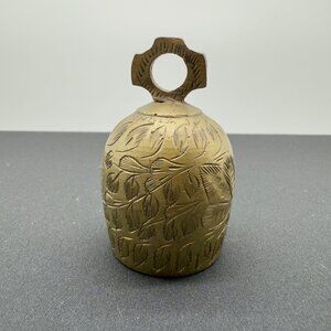 Vintage Solid Brass Small Hand Bell With Etched Leaf Design Ornate Made in India